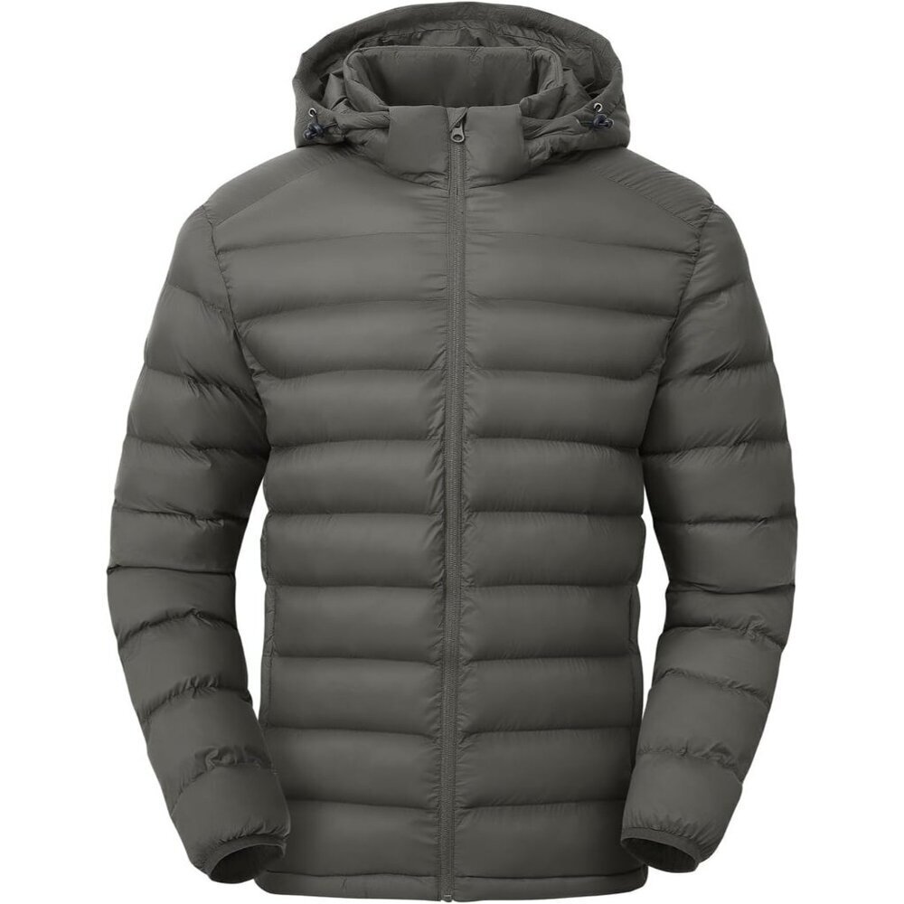 Men’s Gray 100% Nylon Hooded Zip-Up Lightweight Warm Winter Puffer Jacket